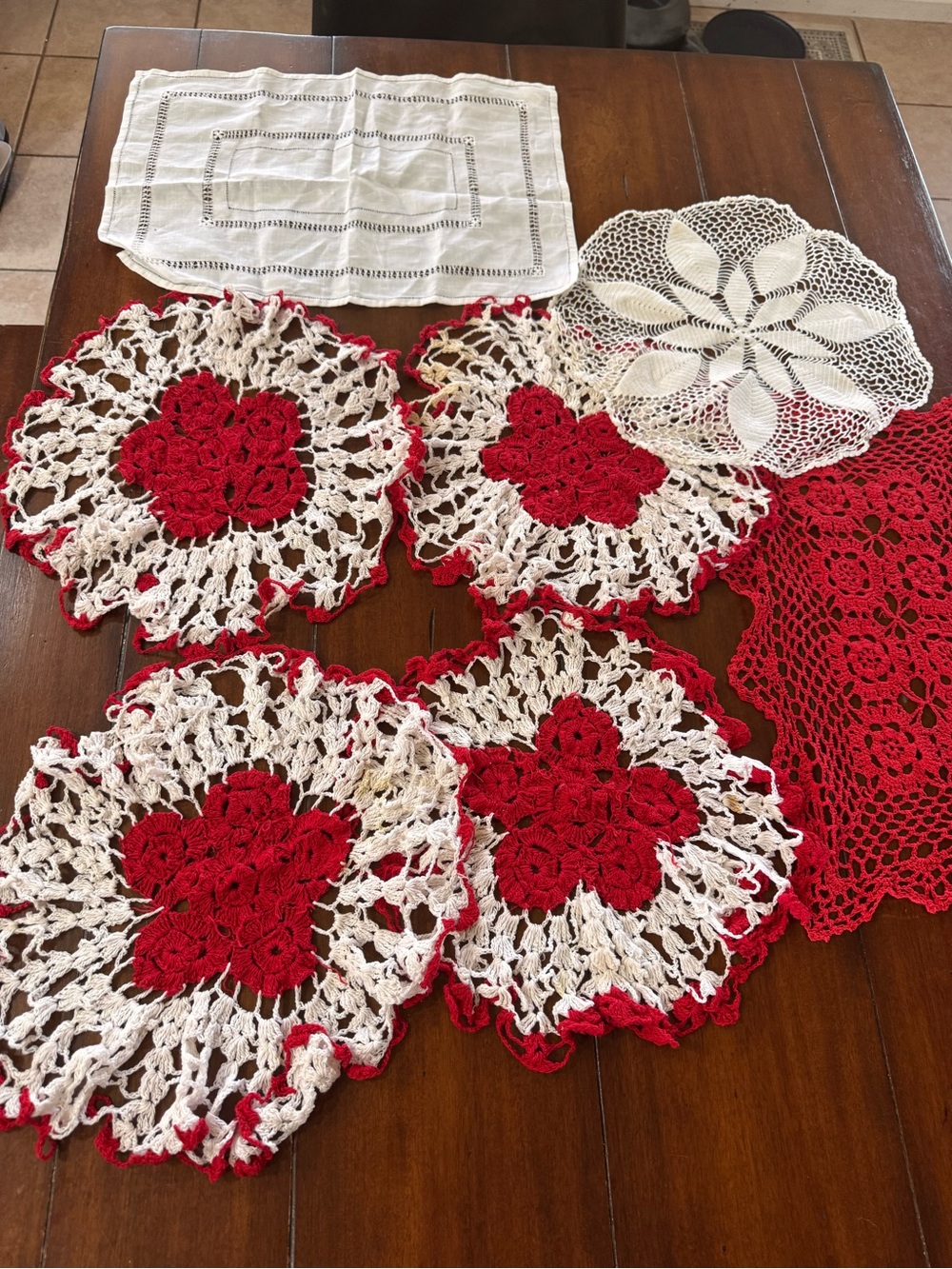 7 Pc Vintage Crochet Doily Lot Red White Floral Round Rectangle Cottagecore 14”